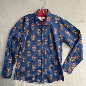 Claudio Lugli Shirt Mens XL Blue Skull Crown Print Long Sleeve Button Up Casual